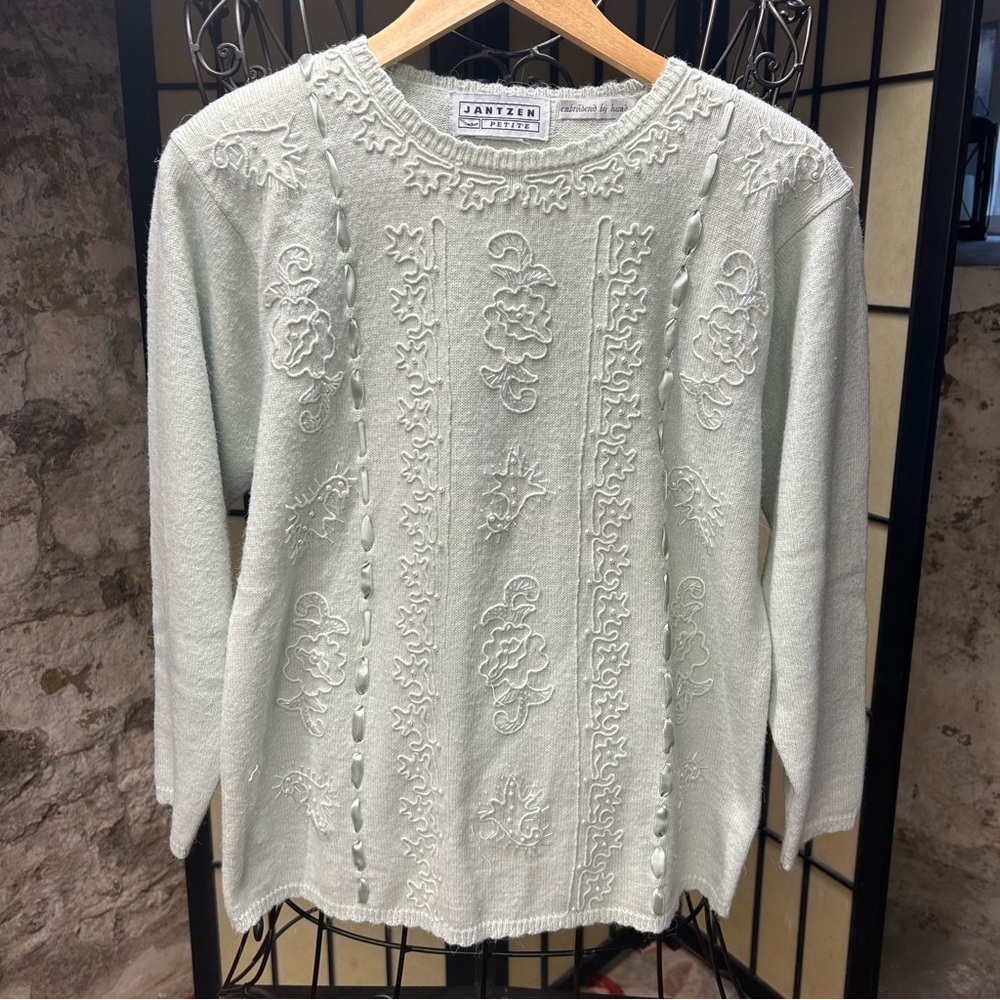 Vintage Jazten Hand Embroidered Sweater-Sage Green- Medium
